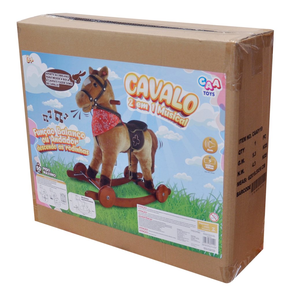 Cavalo 2 em 1 Musical Revestido em Pelúcia com Rodas